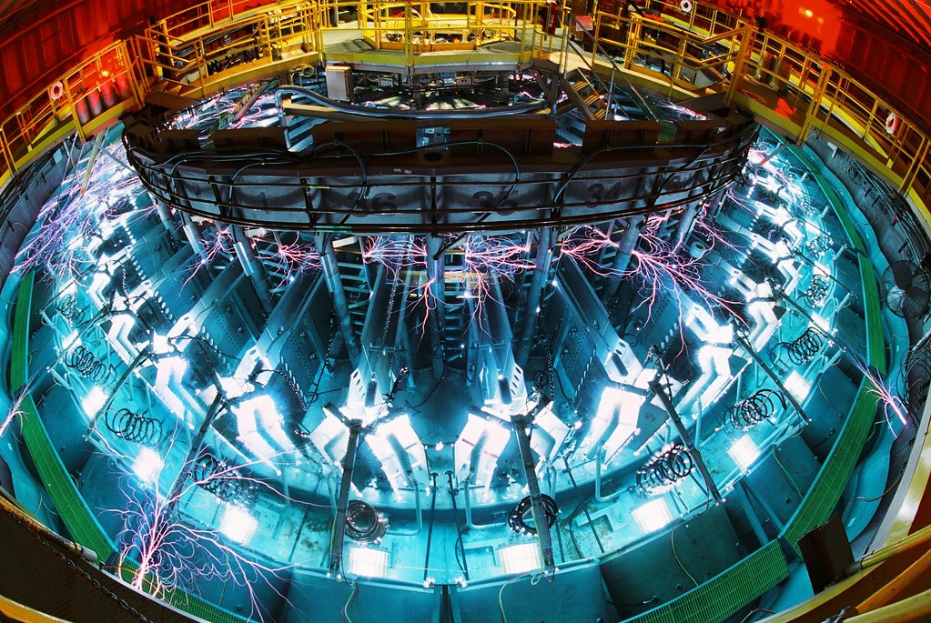 Saturn pulsed-power accelerator firing during a milestone shot at Sandia National Laboratories